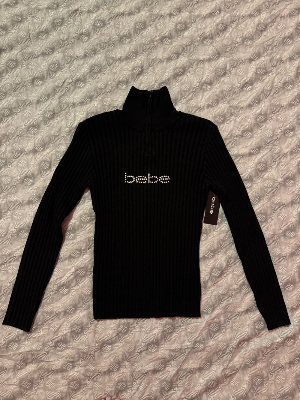 bebe Black Ribbed Quarter-Zip Sweater with Rhinestone Logo
